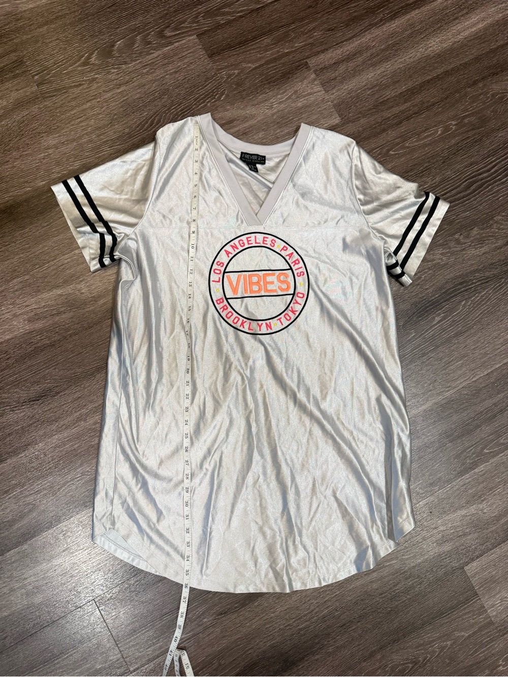 Forever 21 White Mesh V-Neck Tee with Pink and Black Accents